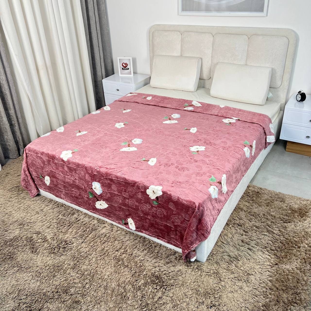 پتو مسافرتی ۲نفره طرح برجسته ترمه (گلبهی گلدار)